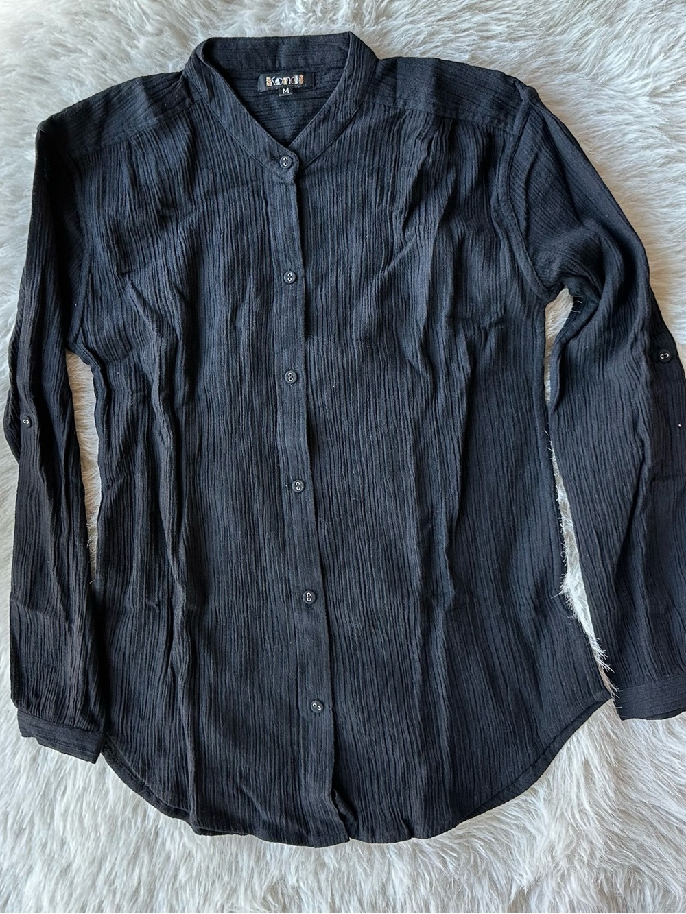 Suzi Kondi Black Textured Gauze Button Front Top 100% cotton M new without tag